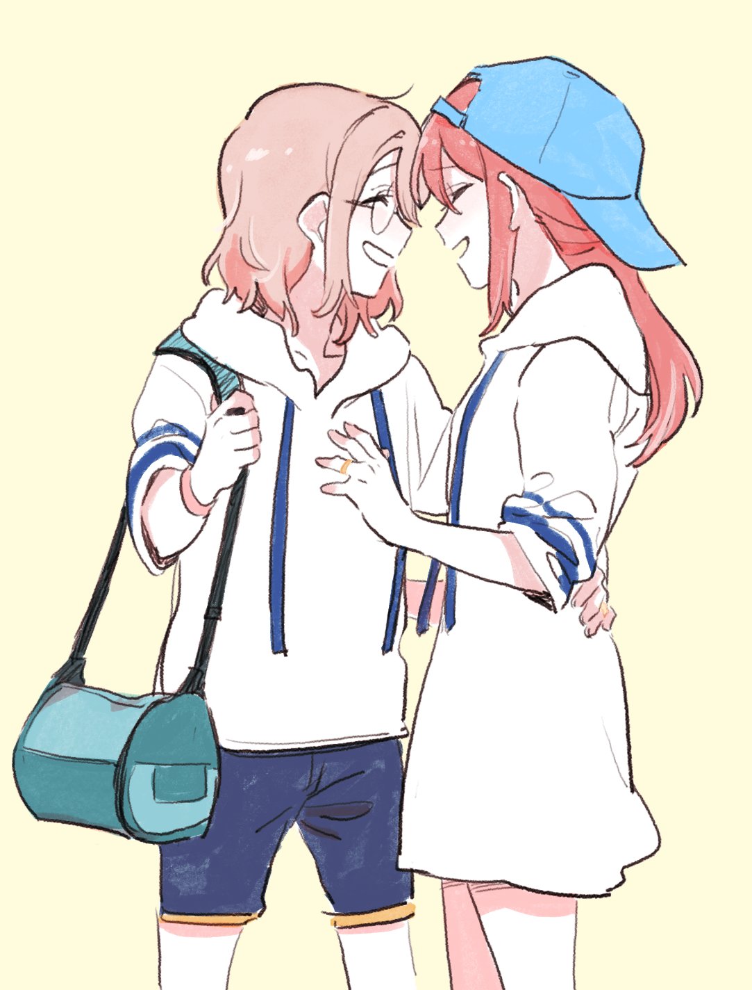 2girls bag baseball_cap blue_hat blue_shorts closed_eyes commentary_request cowboy_shot drawstring forehead-to-forehead glasses grey_hair hand_on_another's_chest hand_on_another's_waist hat heads_together highres hood hoodie jewelry korean_commentary love_live! love_live!_sunshine!! medium_hair multiple_girls open_mouth pito_(sh02327) red_hair ring sakurauchi_riko shorts shoulder_bag simple_background sleeves_rolled_up smile watanabe_you wedding_ring white_hoodie wife_and_wife yellow_background yuri