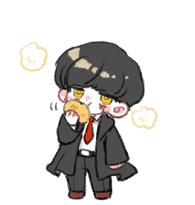 1boy black_coat black_hair black_pants chibi coat collared_shirt cream_puff eating food long_sleeves looking_at_viewer mash_burnedead mashle necktie pants red_necktie shirt simple_background solo uchimura_(rino0525) white_background white_shirt