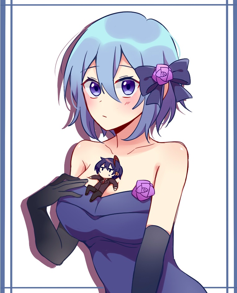 1boy 1girl bare_shoulders biyo black_footwear black_gloves black_pants black_suit blue_border blue_bow blue_dress blue_eyes blue_hair blush border bow breasts chibi_on_breast claire_elford cleavage closed_mouth dark_blue_hair dress elbow_gloves flower gloves hair_bow hand_on_own_chest large_breasts looking_at_viewer necktie pants purple_flower red_necktie short_hair simple_background solid_oval_eyes suit white_background wilardo_adler witch's_heart