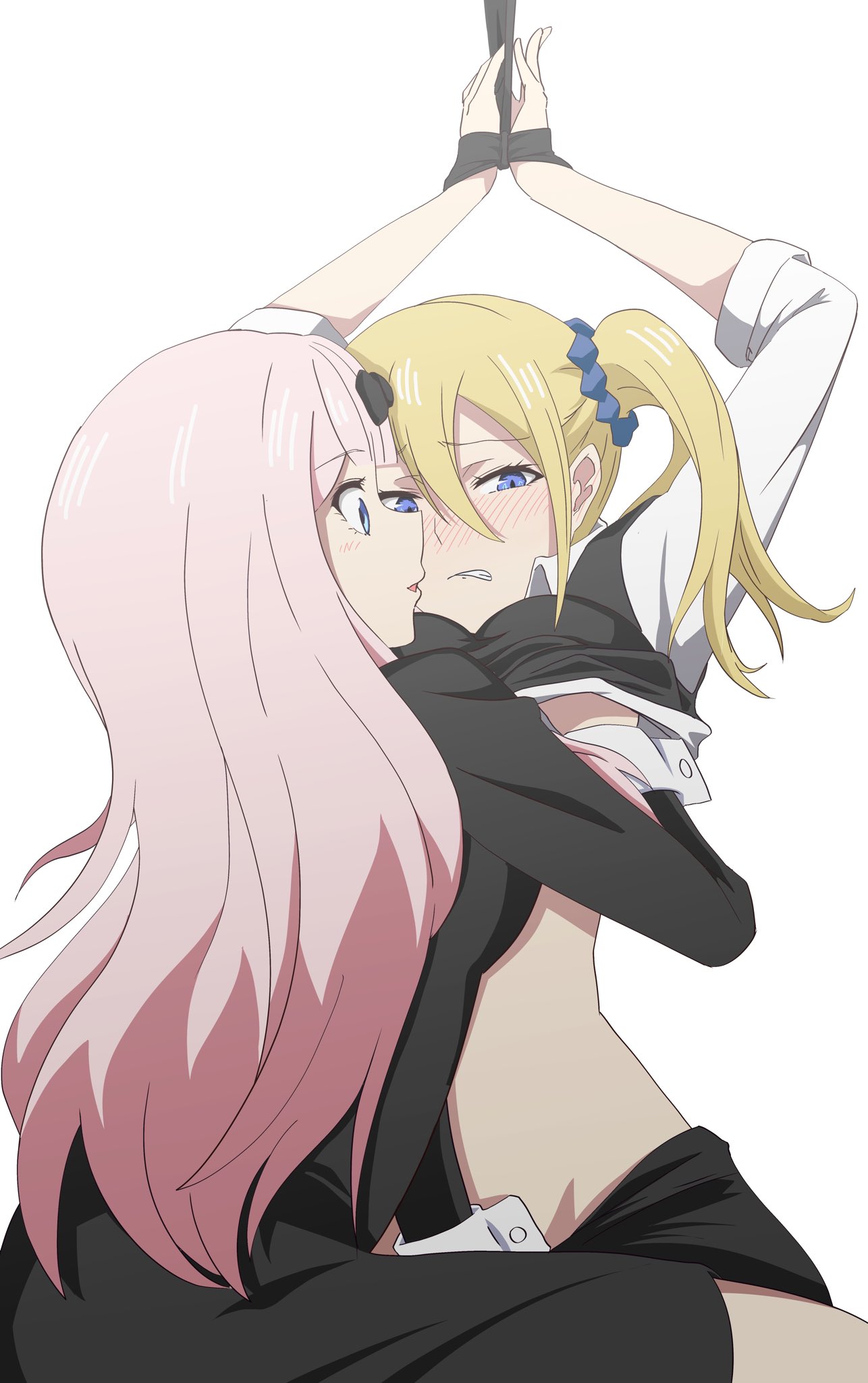 2girls arms_up blonde_hair blue_eyes blush breasts clothes_lift fujiwara_chika grabbing grabbing_another's_breast hand_under_clothes hayasaka_ai highres hypnosis kaguya-sama_wa_kokurasetai_~tensai-tachi_no_renai_zunousen~ long_hair mind_control molestation multiple_girls pink_hair puckered_lips school_uniform scrunchie shirt_lift sweat teasing teeth white_background yuri