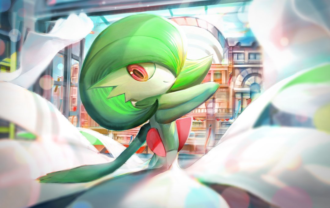 bob_cut colored_skin dress gardevoir green_hair hair_over_one_eye hand_on_own_cheek hand_on_own_face lanbook looking_at_viewer looking_back multicolored_skin pink_eyes pokemon pokemon_(creature) smile two-tone_skin white_dress white_skin