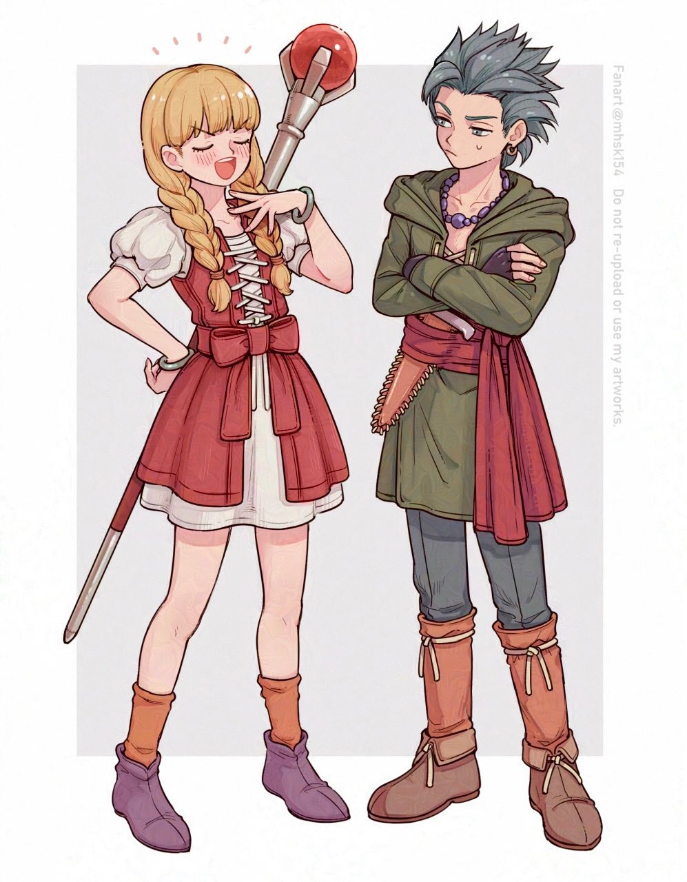 :d alternate_size artist_name bead_necklace beads blonde_hair blue_hair blue_pants border bow braid brown_footwear camus_(dq11) closed_eyes closed_mouth collarbone commentary_request cross-laced_clothes cross-laced_dress crossed_arms dragon_quest dragon_quest_xi dress earrings full_body green_robe grey_background hand_on_own_hip highres holding holding_staff hoop_earrings jewelry long_hair mhsk154 necklace open_mouth orange_socks outside_border pants puffy_short_sleeves puffy_sleeves purple_footwear red_bow red_dress red_sash robe sash shoes short_hair short_sleeves simple_background smile socks staff standing teeth twin_braids twitter_username upper_teeth_only v-shaped_eyebrows veronica_(dq11) white_border white_dress