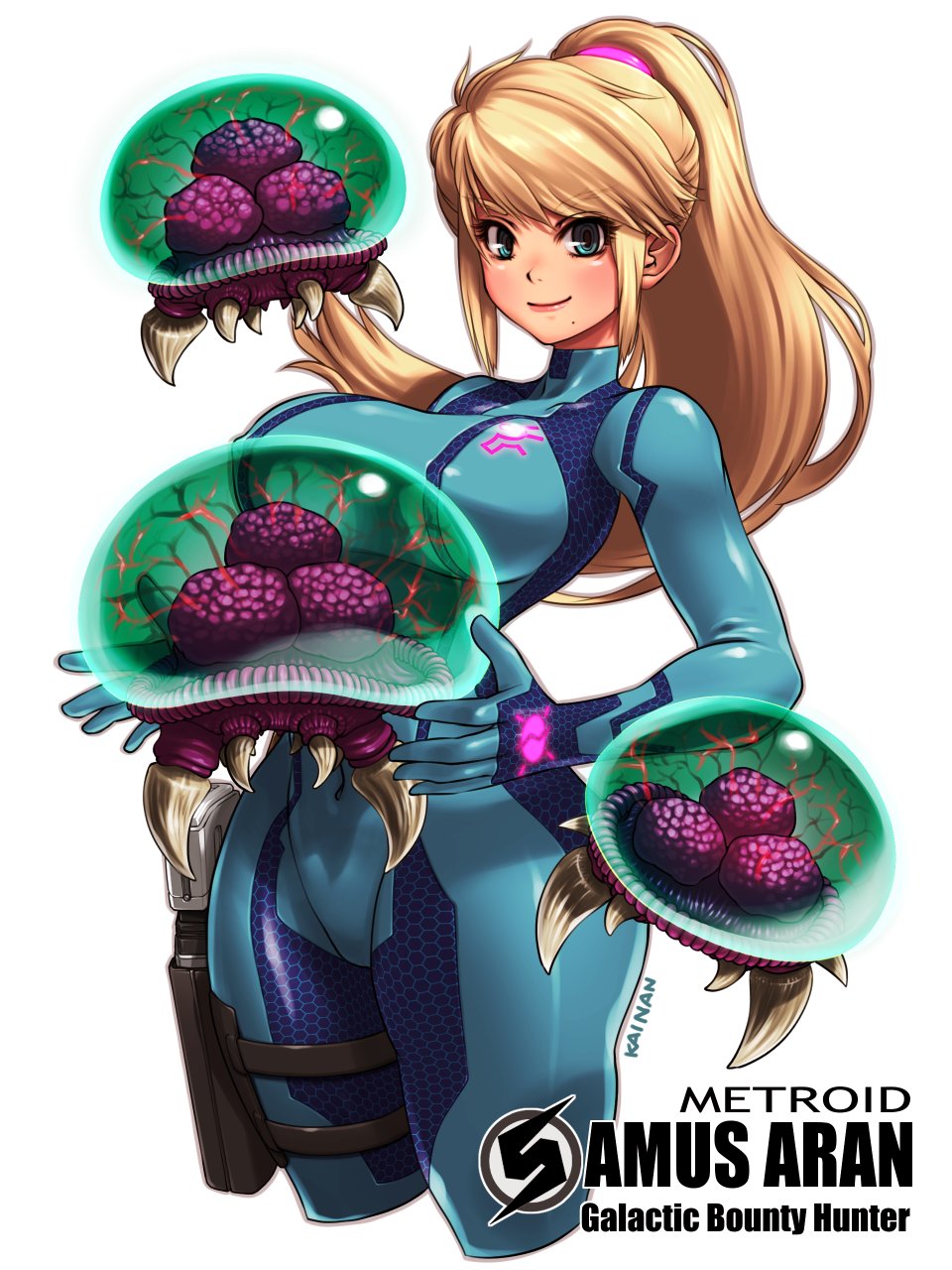 1girl artist_name blonde_hair blue_bodysuit blue_eyes blush bodysuit breasts character_name commentary_request copyright_name covered_navel gun handgun high_ponytail highres holding holster kainan large_breasts looking_at_viewer metroid metroid_(creature) mole mole_under_mouth ponytail samus_aran simple_background skin_tight smile solo super_metroid weapon white_background zero_suit