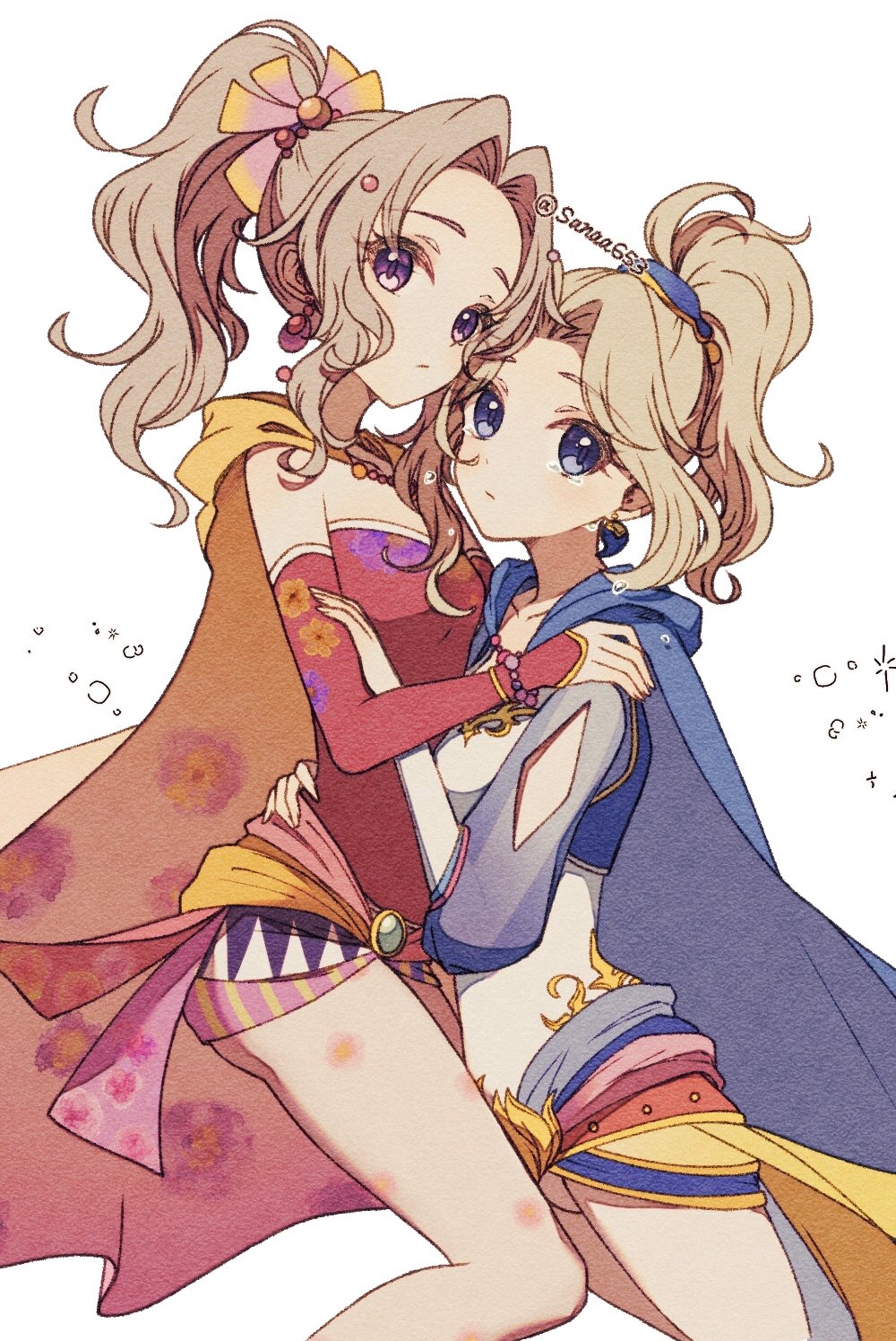 2girls alternate_hairstyle artist_name blonde_hair blue_cape blue_eyes cape celes_chere closed_mouth commentary_request diamond_cutout dress elbow_gloves eyelashes final_fantasy final_fantasy_vi floral_print gloves hair_intakes high_ponytail highres medium_hair multiple_girls pantyhose print_gloves purple_eyes red_cape red_dress red_gloves sana_(sanaa653) short_dress simple_background strapless strapless_dress tears terra_branford twitter_username white_background