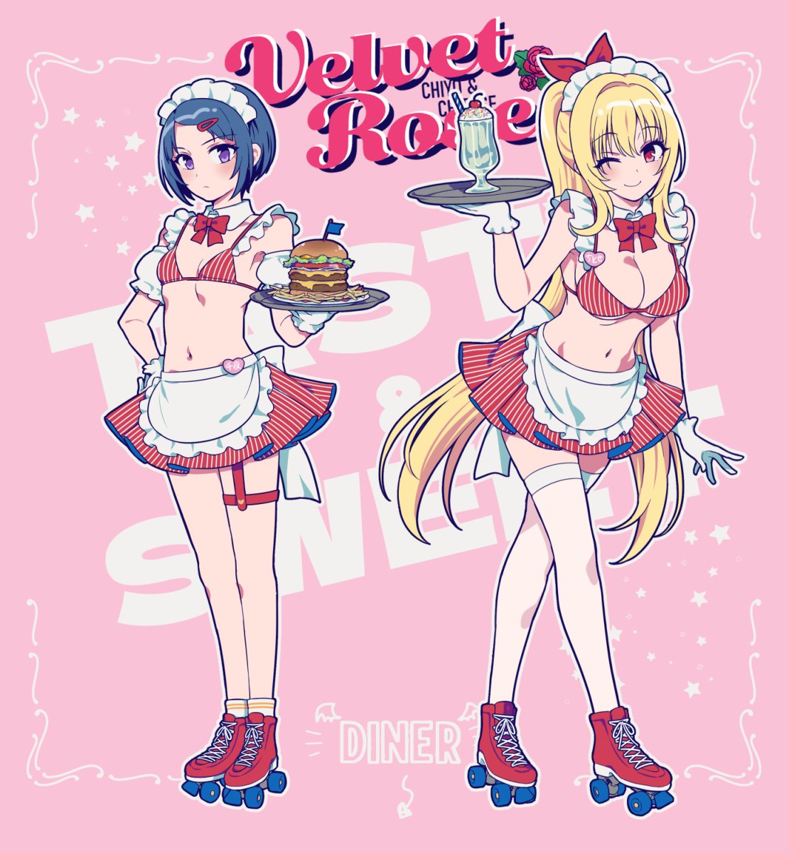 2girls alternate_hairstyle apron arm_garter bare_shoulders bikini bikini_top_only black_hair blonde_hair blush bow bowtie breasts burger cherry cleavage closed_mouth collar cream_soda crossed_legs detached_collar dot_nose drinking_straw flat_chest food frilled_apron frills fruit full_body futou_ryouko garter_straps gloves hair_between_eyes hair_ornament hairclip hand_on_own_hip hand_up highres holding holding_tray idolmaster idolmaster_cinderella_girls idolmaster_cinderella_girls_starlight_stage kurosaki_chitose large_breasts leaning_forward long_hair looking_at_viewer mini_flag miniskirt multiple_girls name_tag navel one_eye_closed pink_background purple_eyes red_bikini red_bow red_bowtie red_eyes red_footwear red_skirt roller_skates shirayuki_chiyo short_hair single_garter_strap skates skirt smile socks striped_bikini striped_clothes striped_skirt swept_bangs swimsuit thighhighs tray velvet_rose_(idolmaster) vertical-striped_bikini vertical-striped_clothes vertical-striped_skirt very_long_hair white_apron white_collar white_gloves white_headdress white_socks white_thighhighs zettai_ryouiki