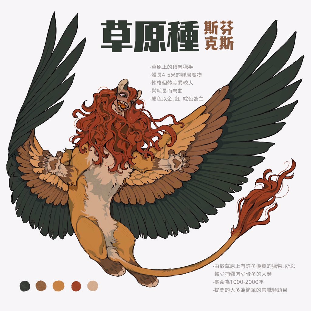 animal_ear_fluff animal_ears blue_wings chinese_text claw_pose claws color_guide commentary english_commentary feathered_wings full_body juanmao lion_ears lion_tail mane no_humans original simple_background solo sphinx spread_wings tail text_focus translation_request two-tone_wings white_background wings yellow_wings