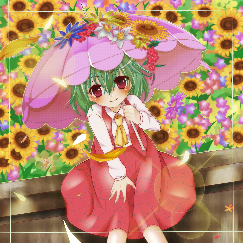 bad_id bad_pixiv_id field flower flower_field green_hair kazami_yuuka nekosugi_(hoshi) red_eyes solo sunflower touhou umbrella