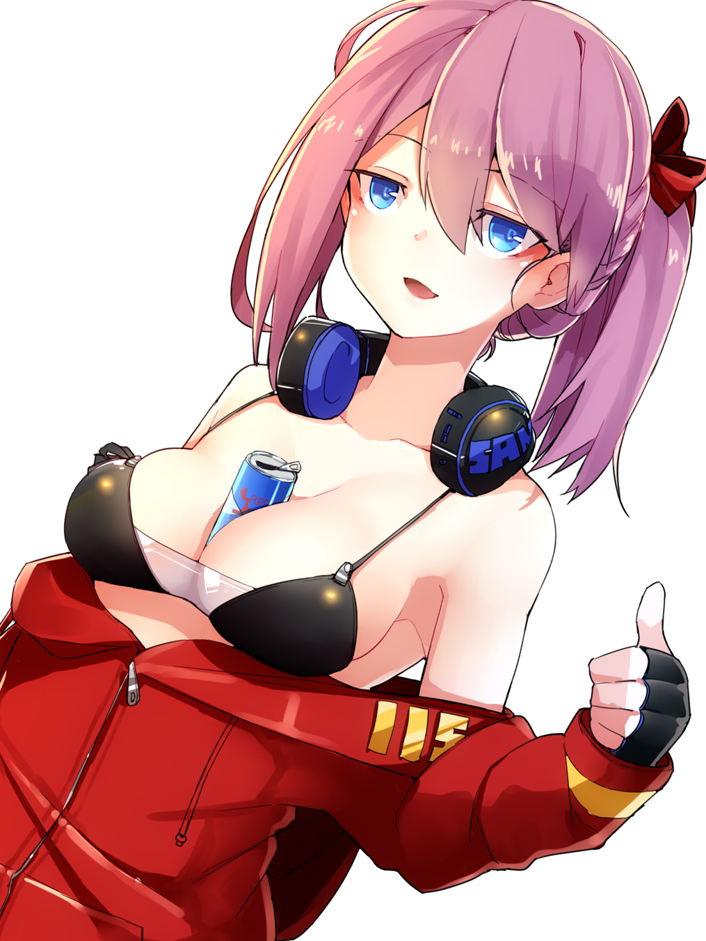 1girl :d bangs bare_shoulders between_breasts bikini_top black_bikini_top black_gloves blue_eyes bow braid breasts cleavage collarbone commentary_request drawstring eyebrows_visible_through_hair fingerless_gloves gloves hair_between_eyes hair_bow headphones headphones_around_neck highres jacket khibiki long_sleeves medium_breasts off_shoulder open_mouth original purple_hair red_bow red_bull red_jacket simple_background smile solo thumbs_up upper_body white_background