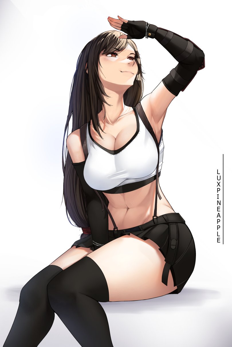 1girl abs arm_up armpits black_gloves black_hair black_skirt black_sports_bra black_thighhighs bracelet breasts brown_eyes cleavage commentary elbow_gloves final_fantasy final_fantasy_vii final_fantasy_vii_rebirth final_fantasy_vii_remake fingerless_gloves gloves highres jewelry large_breasts linea_alba long_hair low-tied_long_hair luxpineapple midriff miniskirt navel over-kneehighs pleated_skirt shading_eyes sitting skirt solo sports_bra suspender_skirt suspenders tank_top thighhighs thighs tifa_lockhart vambraces very_long_hair white_tank_top