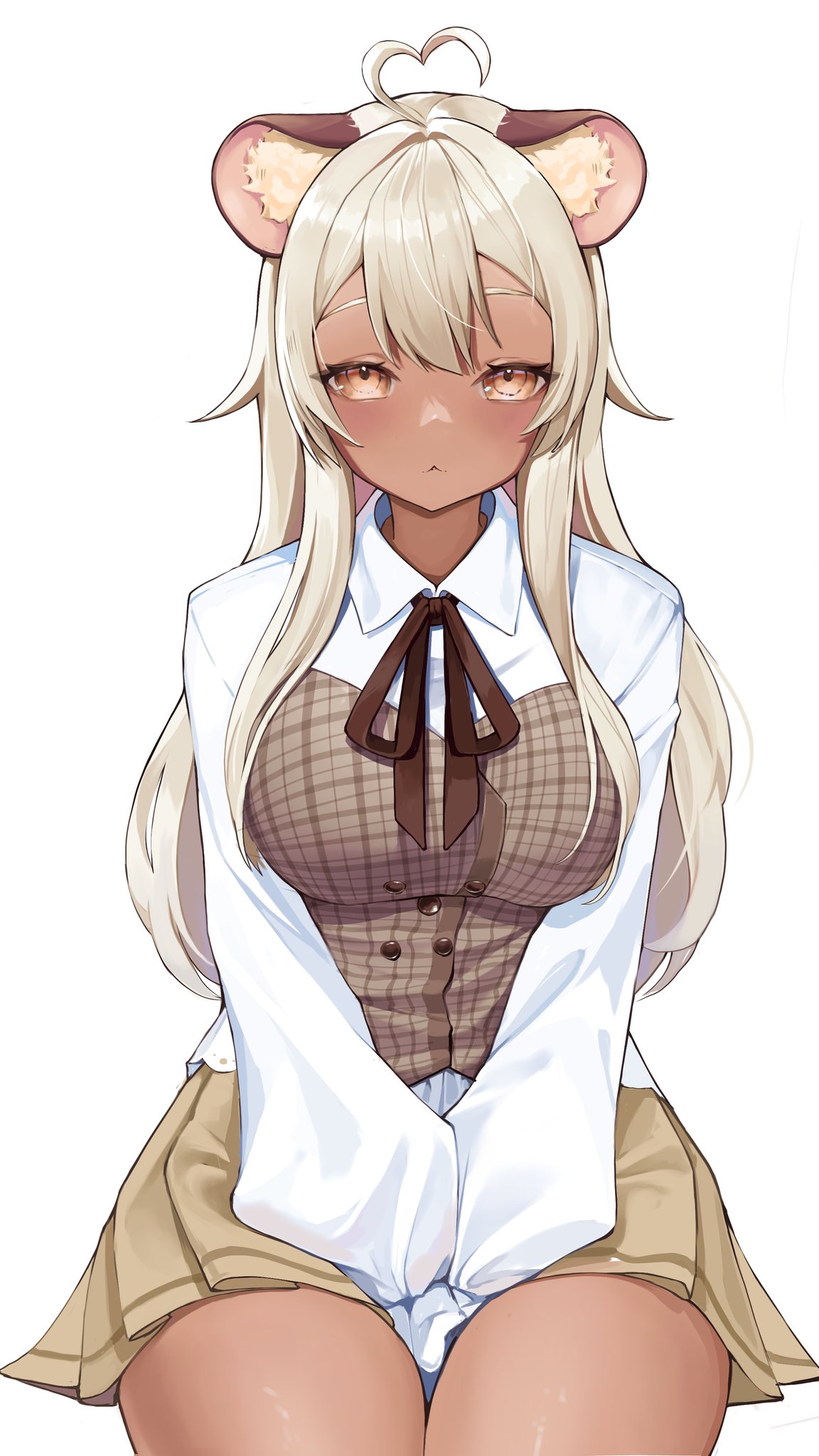 1girl ahoge animal_ears bear_ears bear_girl between_legs blonde_hair breasts bustier character_request collared_shirt commission copyright_request dark-skinned_female dark_skin hand_between_legs heart heart_ahoge highres large_breasts long_hair plaid pleated_skirt shirt skirt sleeves_past_fingers sleeves_past_wrists solo white_shirt yellow_eyes yellow_skirt yoshiii