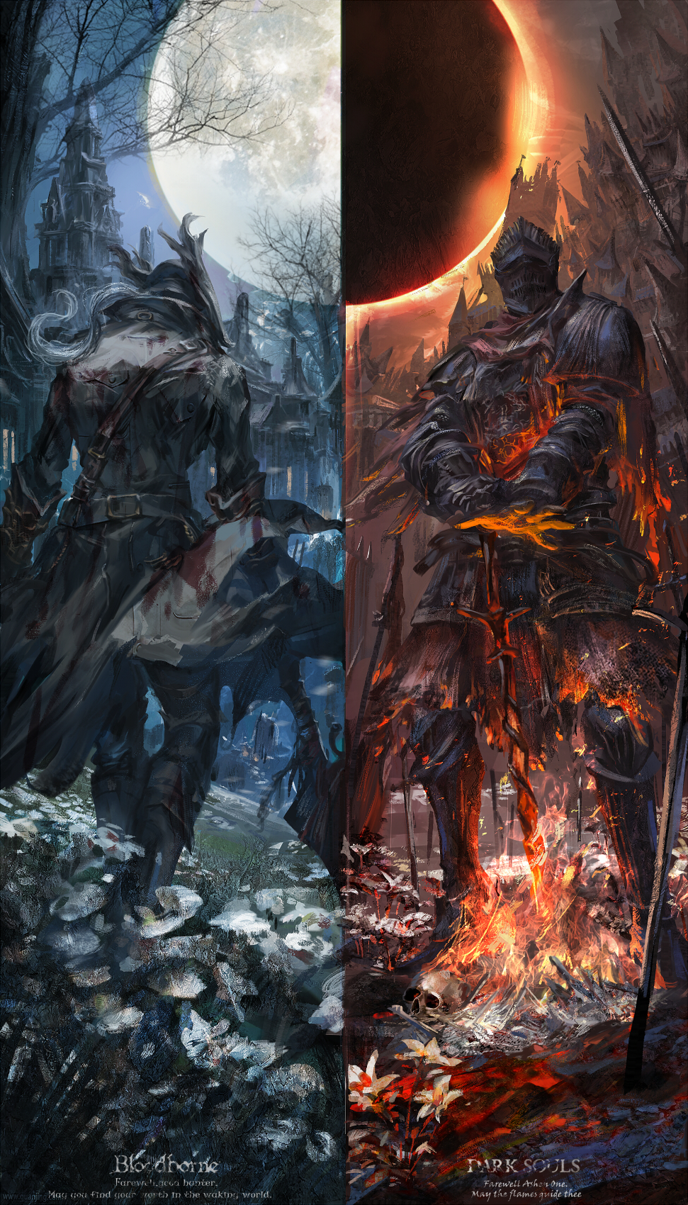 2others ambiguous_gender armor armored_boots arms_at_sides ashen_one_(dark_souls_3) ashes blood bloodborne bloody_clothes boots breastplate cape castle church coat dark_souls_iii day eclipse english_text fire flower full_armor full_body full_moon gauntlets gloves grass greaves hat helmet highres holding holding_weapon hunter_(bloodborne) long_sleeves moon multiple_others night outdoors outstretched_arm outstretched_hand pants pauldrons skull solar_eclipse souls_(from_software) spread_fingers standing stu_dts sword torn_cape torn_clothes walking weapon