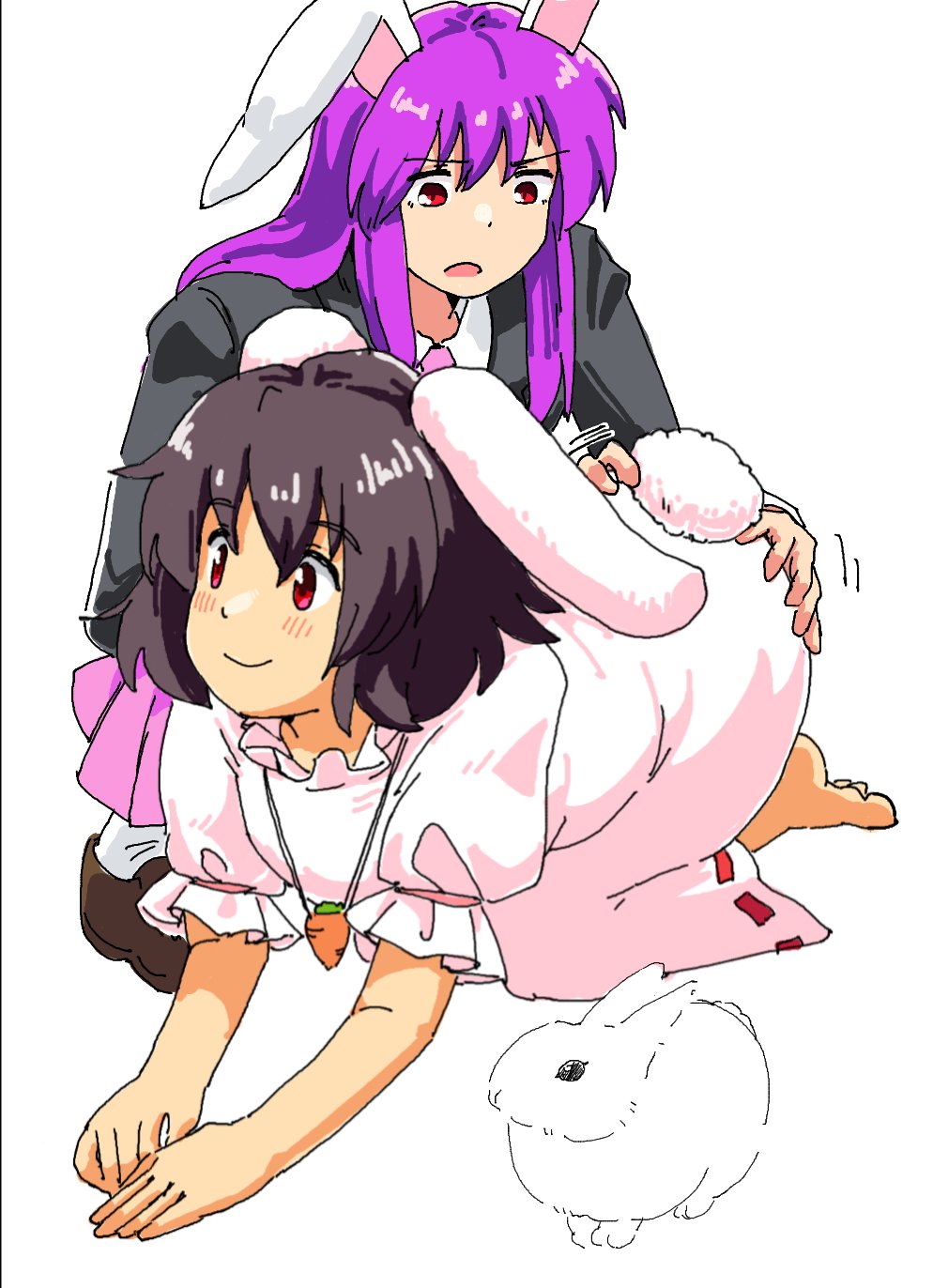 2girls all_fours animal_ears ass_grab barefoot blazer blush brown_footwear brown_hair carrot carrot_necklace dress grabbing_another's_ass groping hand_on_another's_ass highres inaba_tewi jacket jewelry leftame long_hair motion_lines multiple_girls necklace necktie open_mouth pink_necktie pink_skirt purple_hair rabbit rabbit_ears rabbit_tail red_eyes reisen_udongein_inaba ribbon-trimmed_dress skirt smile socks tail touhou white_background white_socks