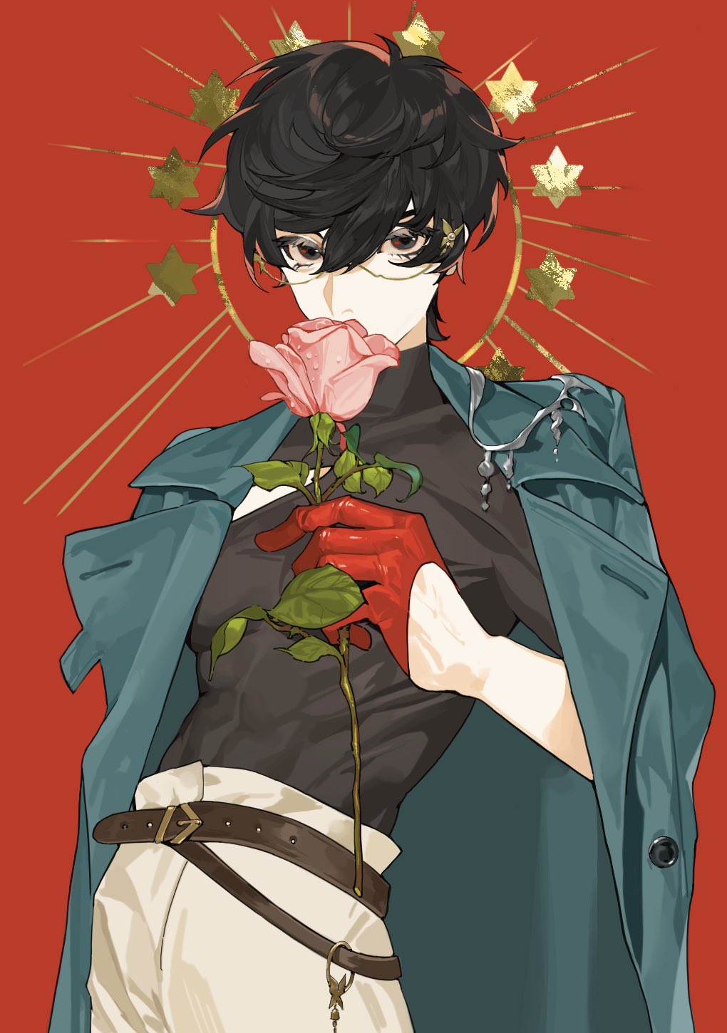 1boy abs amamiya_ren belt black_hair black_shirt blue_coat brown_belt coat coat_on_shoulders compression_shirt cowboy_shot flower glasses gloves hair_ornament halo_behind_head highres holding holding_flower looking_ahead looking_at_viewer muscular muscular_male open_clothes open_coat pants persona persona_5 persona_5_the_royal pink_flower pink_rose red_background red_eyes red_gloves rose shirt short_hair simple_background solo turtleneck_shirt white_pants yuirua55234