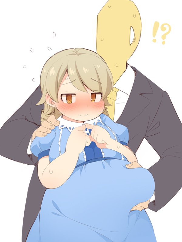 !? 1boy 1girl belly_grab blonde_hair blush drill_hair fat flying idolmaster idolmaster_cinderella_girls morikubo_nono orange_eyes p-head_producer producer_(idolmaster) suit uccow