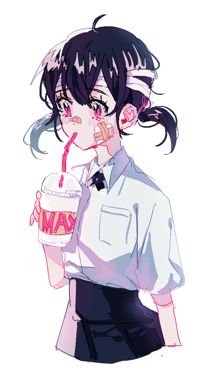1girl 23_(user_oxt3659) ahoge bandages bandaid bandaid_on_cheek bandaid_on_face black_hair black_skirt blush collared_shirt cup disposable_cup drink drinking drinking_straw highres holding holding_cup holding_drink original pink_eyes pocket shirt shirt_tucked_in short_hair short_sleeves short_twintails simple_background skirt solo twintails white_background white_shirt