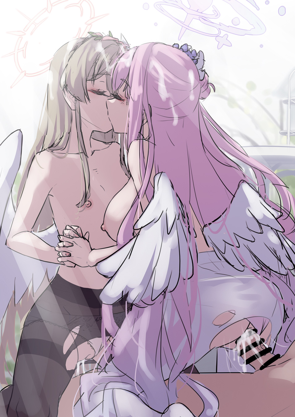 1boy 2girls angel_wings bar_censor black_pantyhose blonde_hair blue_archive breasts censored closed_eyes collarbone cum cum_in_pussy cum_on_hair cumdrip english_commentary feathered_wings ffm_threesome group_sex hair_bun hair_ornament halo highres holding_hands kiss lace lace_panties large_breasts long_hair low_wings mika_(blue_archive) multiple_girls nagisa_(blue_archive) panties pantyhose penis pink_hair pink_halo pink_panties pussy reverse_cowgirl_position shun_no_shun single_side_bun small_breasts straddling table threesome topless torn_clothes torn_pantyhose underwear white_panties white_pantyhose white_wings wings