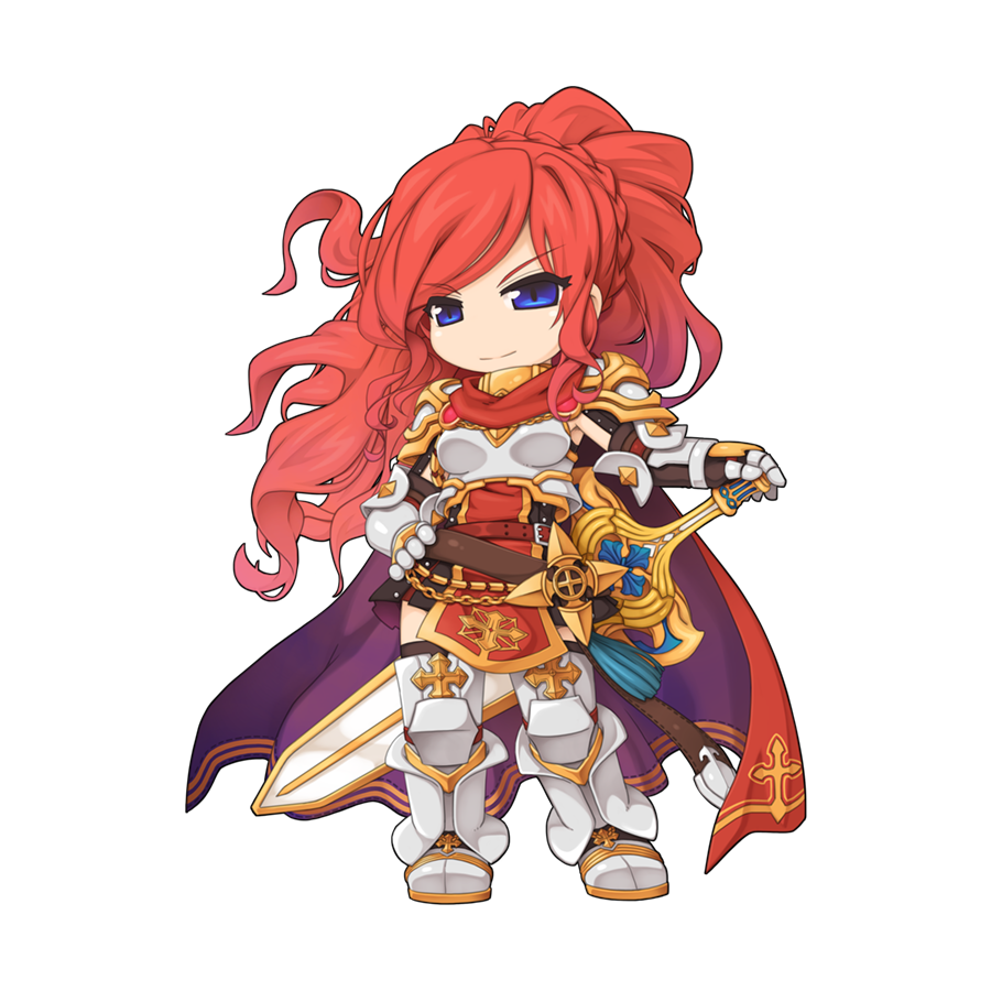 1girl armor armored_boots armored_skirt black_gloves black_skirt black_thighhighs blue_eyes boobplate boots braid cape chibi closed_mouth cross crown_braid fighting_stance floating_hair full_body gauntlets gloves greatsword hand_on_own_hip holding holding_sword holding_weapon leg_armor long_hair looking_at_viewer medium_bangs official_alternate_costume official_art pauldrons pink_hair ragnarok_online ready_to_draw red_cape rune_knight_(ragnarok_online) shoulder_armor simple_background skirt smile solo standing swept_bangs sword tachi-e thighhighs transparent_background v-shaped_eyebrows very_long_hair weapon yuichirou