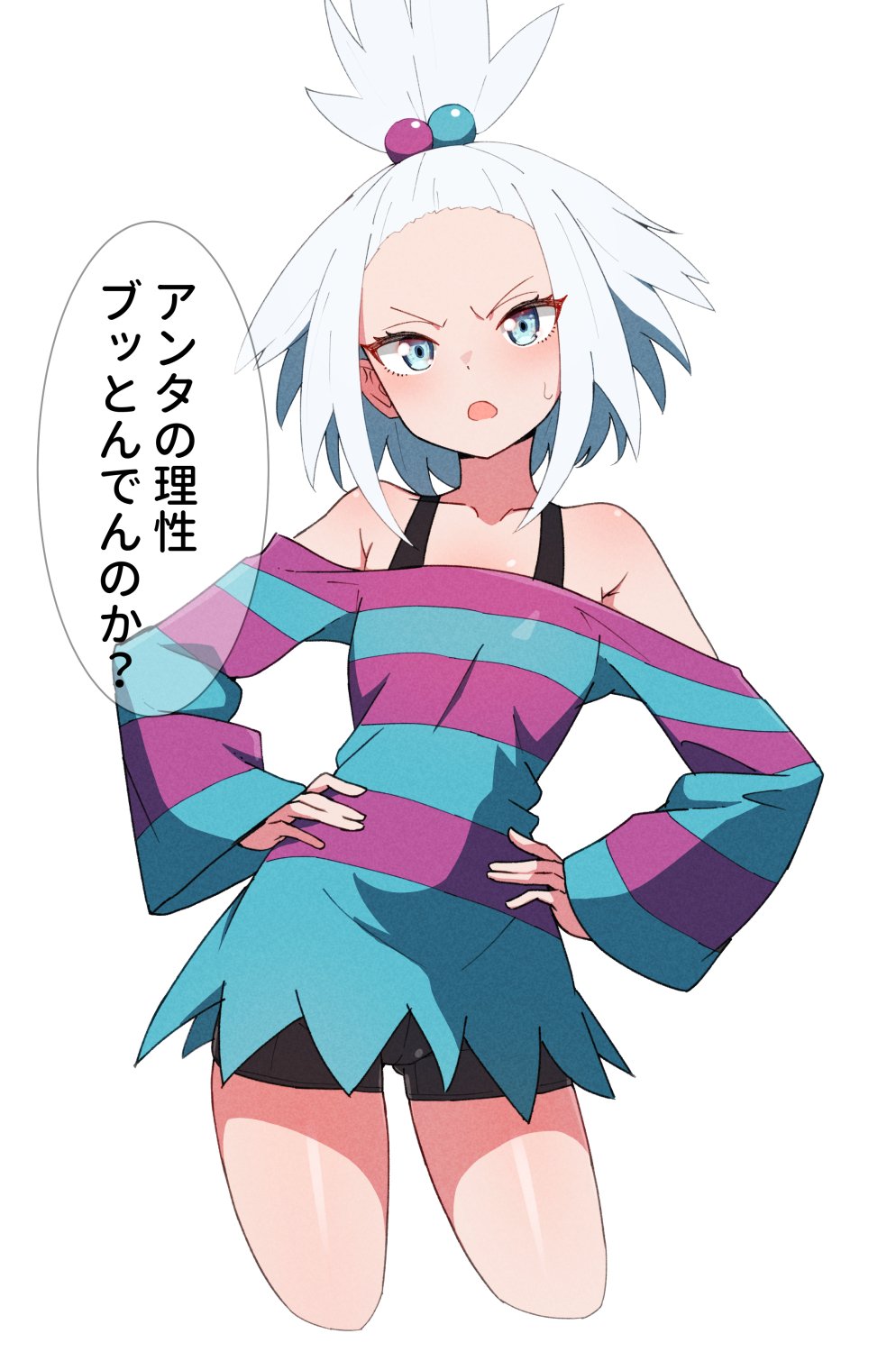 1girl bare_shoulders bike_shorts black_shorts blue_dress blue_eyes bra_strap collarbone dress flat_chest hair_bobbles hair_ornament hands_on_own_hips highres kamidan looking_at_viewer off_shoulder open_mouth pokemon pokemon_bw2 purple_dress roxie_(pokemon) shorts simple_background solo spiked_hair striped_clothes striped_dress sweatdrop topknot two-tone_dress white_background white_hair
