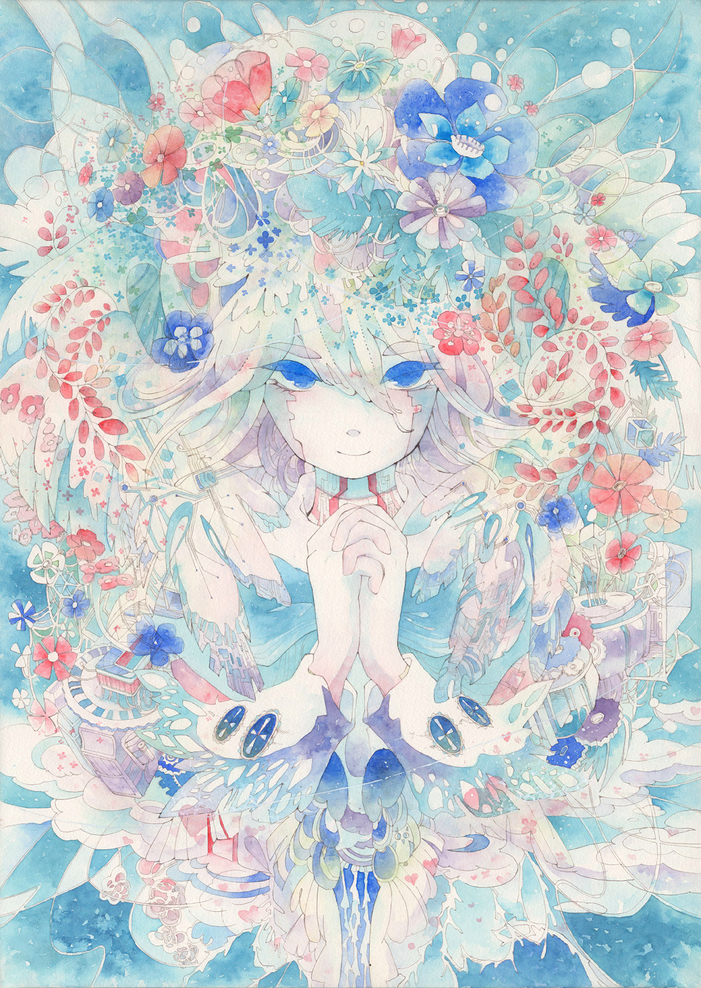 1girl abstract anemone_(flower) blue_eyes blue_flower cherrypink commentary_request dress flower hair_between_eyes highres interlocked_fingers long_hair long_sleeves looking_at_viewer original own_hands_clasped own_hands_together painting_(medium) red_flower smile solo straight-on traditional_media upper_body watercolor_(medium) white_hair wings