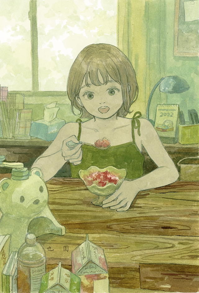 1girl :o bare_shoulders bottle bowl brown_hair camisole carton collarbone curtains desk_lamp food green_eyes holding holding_spoon indoors lamp looking_at_viewer open_mouth original painting_(medium) short_hair sleeveless solo spoon stuffed_animal stuffed_toy table teddy_bear teeth tissue_box traditional_media upper_body upper_teeth_only window yeyuan33