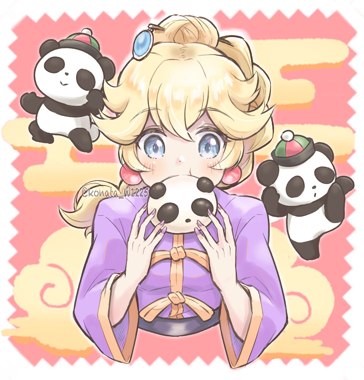 1girl artist_name blonde_hair blue_eyes braid braided_ponytail changpao chinese_clothes earrings hair_ornament hairpin high_ponytail highres jewelry konata_w1225 kung_fu_peach long_hair looking_at_viewer mario_(series) official_alternate_costume official_alternate_hairstyle panda princess_peach princess_peach:_showtime! purple_nails purple_shirt shirt solo sphere_earrings upper_body watermark