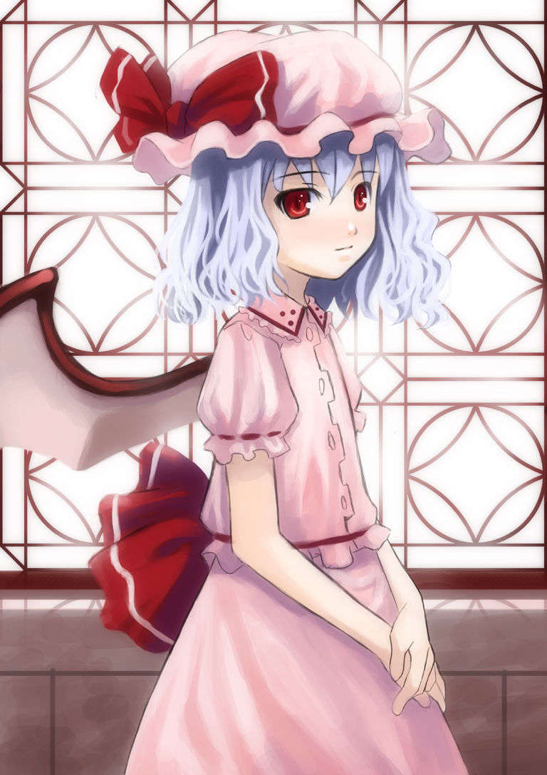 artist_request bat_wings blue_hair check_artist dress hat hat_ribbon jpeg_artifacts kagura_mizuki pink_dress red_eyes remilia_scarlet ribbon touhou vampire wings