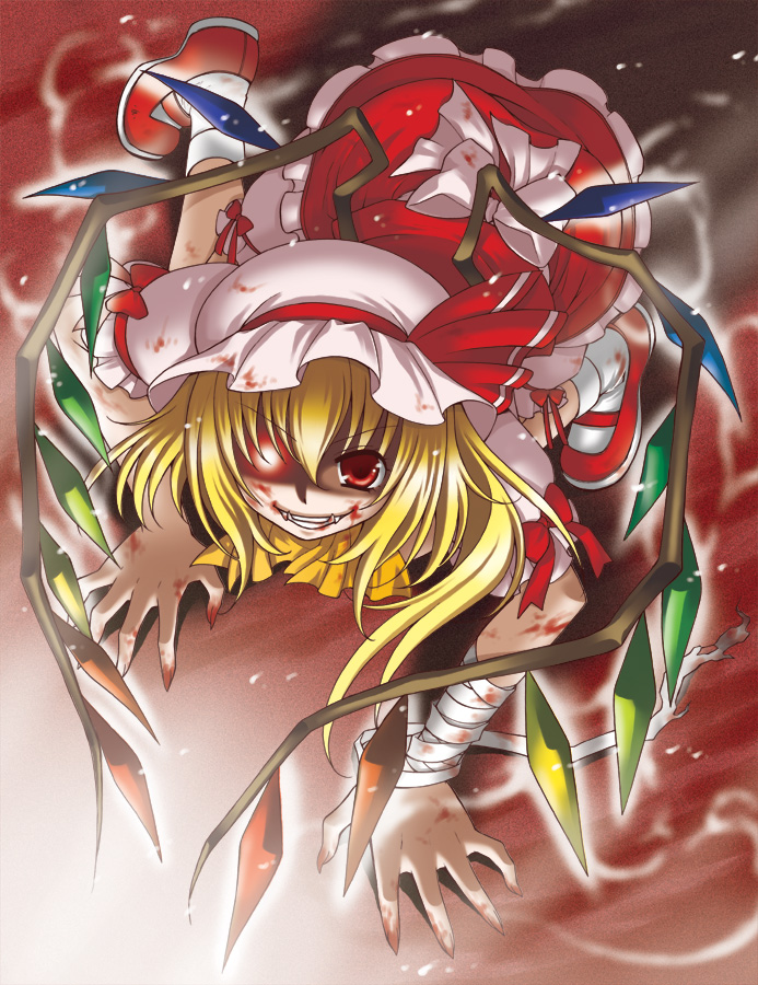 blonde_hair blood eichi_yuu fang flandre_scarlet hat long_hair red_eyes solo touhou wings