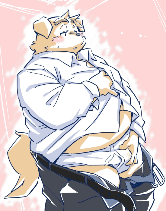 2024 anthro belly blush bottomwear bulge canid canine canis clothing domestic_dog kemono male mammal namihira_kousuke overweight overweight_male pants shirt solo takagi_kyou topwear trouble_(series) underwear