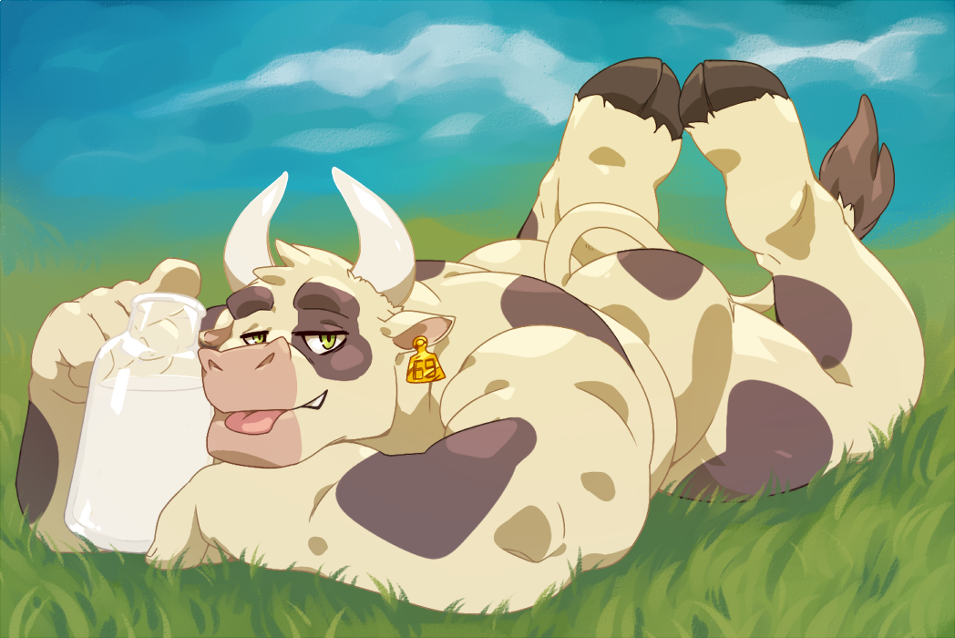 1boy :p animal_ears ass bara bottle come_hither cow_boy cow_ears cow_horns fang fang_out feet_up full_body furry furry_male grass horns looking_at_viewer lying male_focus milk_bottle minotaur muscular muscular_male on_stomach original short_hair solo taoren tongue tongue_out