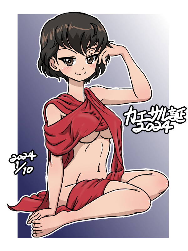 1girl 2024 barefoot birthday blue_background breasts brown_eyes brown_hair caesar_(girls_und_panzer) character_name closed_mouth commentary dated girls_und_panzer hand_in_own_hair looking_at_viewer medium_breasts naked_scarf navel outline red_scarf scarf short_hair sitting smile solo takahashi_kurage underboob wariza white_outline
