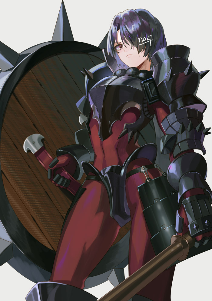1girl armor artist_name berengaria_(unicorn_overlord) black_hair bodysuit breastplate closed_mouth commentary_request crotch_plate from_below gauntlets hair_over_one_eye holding holding_shield looking_at_viewer noki_(affabile) red_bodysuit red_eyes shield short_hair simple_background solo standing unicorn_overlord white_background