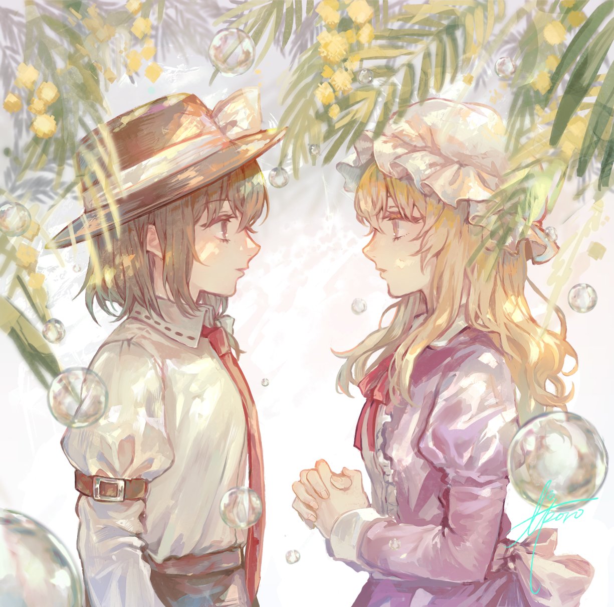 2girls arm_strap black_hat blonde_hair brown_hair bubble center_frills collared_shirt commentary_request dress face-to-face flower frills from_side gensou_aporo hat hat_ribbon highres juliet_sleeves long_hair long_sleeves looking_at_another maribel_hearn mob_cap multiple_girls necktie open_mouth own_hands_together puffy_sleeves purple_dress red_necktie red_ribbon ribbon shirt short_hair signature touhou usami_renko white_hat white_shirt yellow_flower