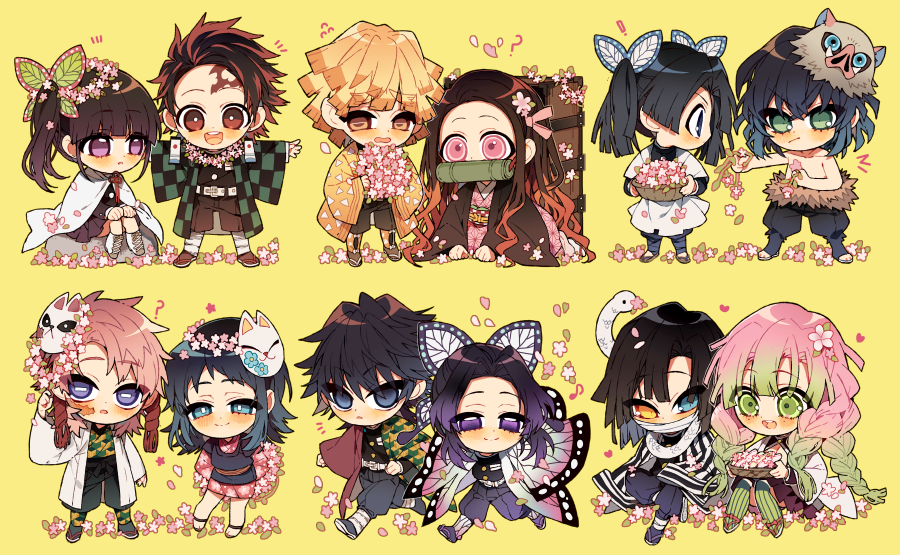 6+boys 6+girls ? agatsuma_zenitsu apron black_dress black_jacket blue_eyes blush bouquet brown_hair couple demon_slayer_uniform dress flower fox_mask giving_flower gradient_hair green_jacket haori hashibira_inosuke hetero holding holding_bouquet iguro_obanai jacket japanese_clothes kaburamaru kamado_nezuko kamado_tanjirou kanroji_mitsuri kanzaki_aoi_(kimetsu_no_yaiba) kimetsu_no_yaiba kochou_shinobu long_hair long_sleeves makomo_(kimetsu) mask mask_on_head multicolored_hair multiple_boys multiple_girls orange_hair pink_flower pink_hair purple_eyes purple_hair sabito_(kimetsu) sapphire_(nine) simple_background snake streaked_hair tomioka_giyuu tsuyuri_kanao very_long_hair white_apron wide_sleeves yellow_background yellow_eyes yellow_jacket