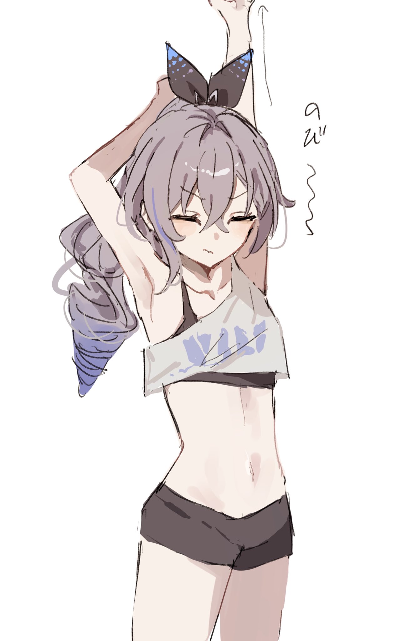 1girl armpits arms_up black_shorts closed_eyes crop_top crossed_bangs drill_hair drill_ponytail flat_chest grey_hair hair_between_eyes hair_ribbon highres honkai:_star_rail honkai_(series) long_hair midriff navel ponytail rekka_shinai ribbon shirt short_shorts shorts silver_wolf_(honkai:_star_rail) simple_background single-shoulder_shirt single_drill solo stretching white_background white_shirt