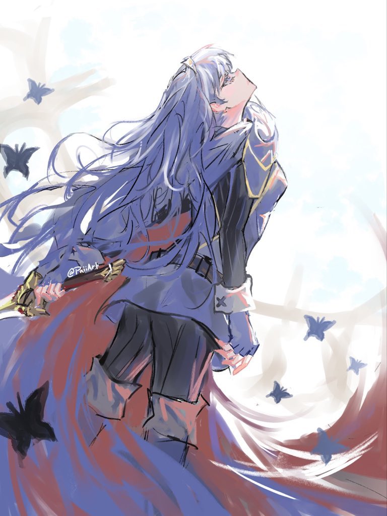 1girl blue_eyes blue_gloves blue_hair bug butterfly closed_mouth english_commentary falchion_(fire_emblem) fingerless_gloves fire_emblem fire_emblem_awakening gloves holding holding_sword holding_weapon long_hair looking_up lucina_(fire_emblem) paiiart sword tiara twitter_username very_long_hair weapon