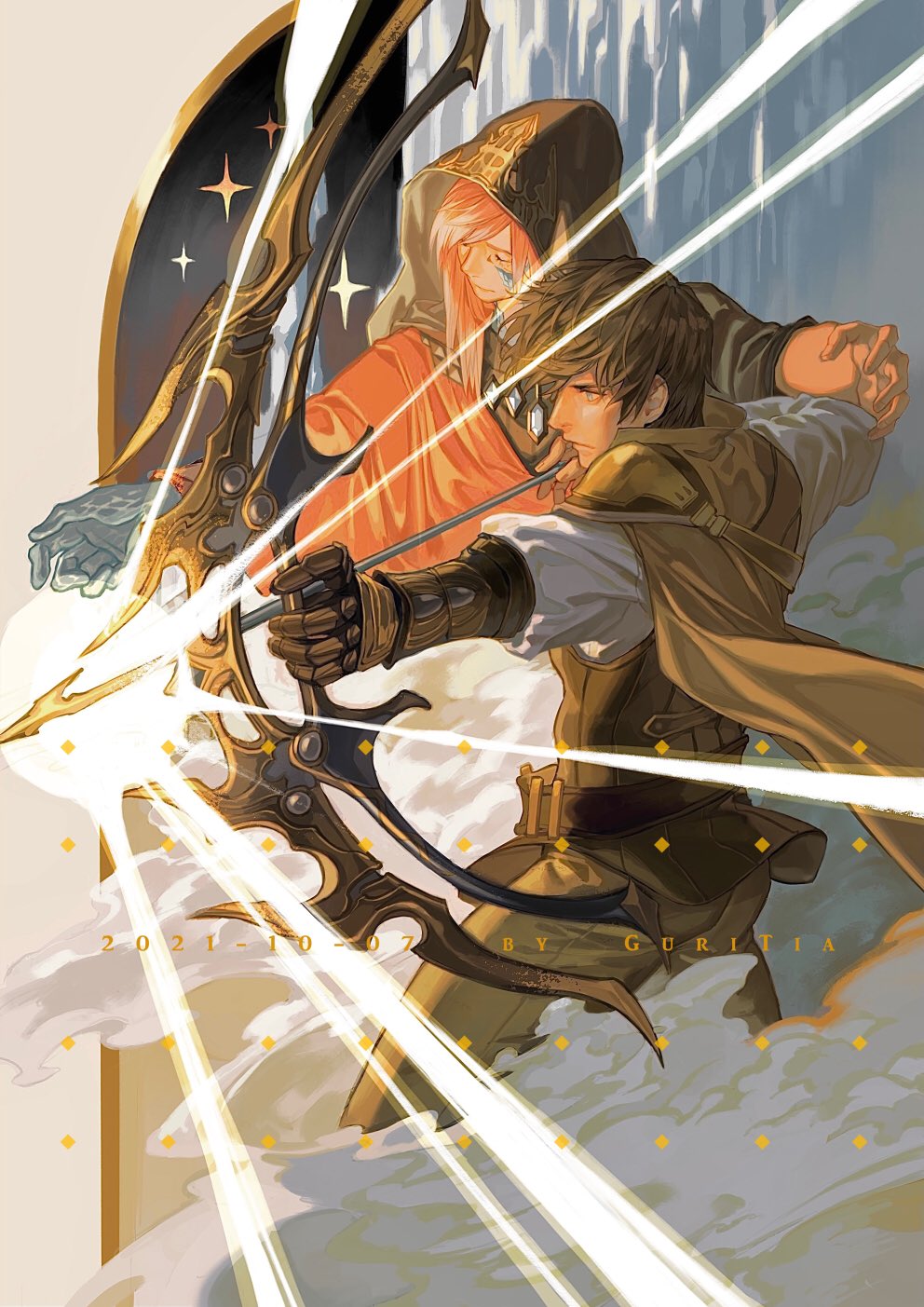 2boys adventurer_(ff14) armor artist_name belt black_robe blue_eyes bow_(weapon) brown_cape brown_hair brown_vest cape chinese_commentary closed_eyes commentary_request cowboy_shot crystal crystal_exarch crystallization dated drawing_bow energy_arrow final_fantasy final_fantasy_xiv from_above g'raha_tia gauntlets green_pants guritia highres holding holding_bow_(weapon) holding_weapon hood hood_up hooded_robe hyur light_rays looking_ahead male_focus material_growth medium_hair miqo'te multiple_boys outstretched_arm pants pauldrons red_hair robe shoulder_armor single_pauldron sparkle vest warrior_of_light_(ff14) weapon