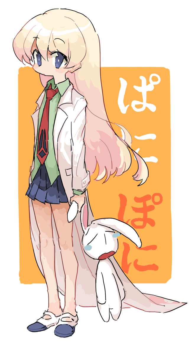 1girl animal arms_at_sides blonde_hair blue_eyes blue_skirt blush_stickers border coat collared_shirt copyright_name full_body green_shirt holding holding_animal holding_rabbit kasa_(hitori_sanka) lab_coat long_coat long_hair long_sleeves looking_at_viewer mesousa miniskirt necktie no_socks open_clothes open_coat orange_background outside_border pani_poni_dash! pleated_skirt rabbit rebecca_miyamoto red_necktie shirt shoes simple_background skirt solo standing uwabaki white_border white_coat