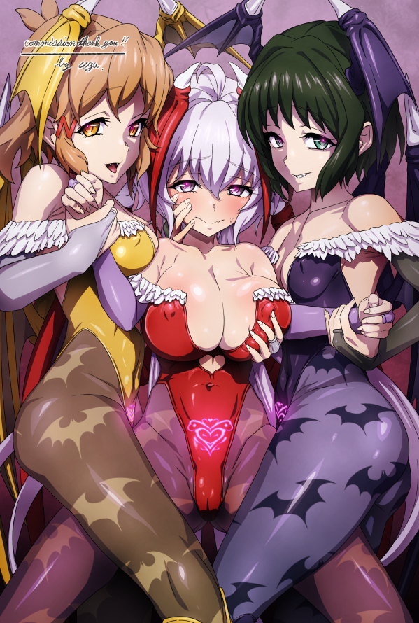 3girls ahoge animal_print armpits bat_print between_legs blonde_hair blue_pantyhose blush breasts brown_eyes cameltoe cleavage commission cosplay covered_nipples deep_skin demon_girl demon_wings fangs feet_out_of_frame grabbing grabbing_another's_breast green_eyes green_hair hair_ornament hairclip head_wings highleg highleg_leotard holding_hands huge_breasts kohinata_miku large_breasts leotard long_hair looking_at_viewer medium_breasts morrigan_aensland morrigan_aensland_(cosplay) multiple_girls pantyhose pubic_tattoo purple_eyes purple_leotard purple_pantyhose red_leotard seductive_smile senki_zesshou_symphogear shiny_skin short_hair signature simple_background skin_tight smile spread_legs sweatdrop tachibana_hibiki_(symphogear) tattoo teeth uganda_(ugandam_00) wavy_mouth white_hair wings yellow_leotard yukine_chris yuri