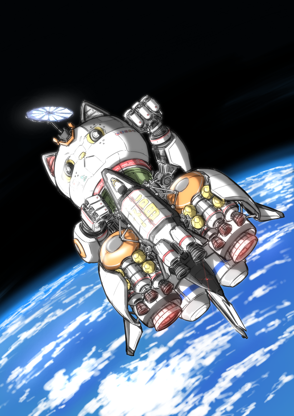 :&lt; animal-themed_vehicle booster_rocket cloud earth_(planet) hachidori_(ippatsuya) highres maneki-neko matikanefukukitaru_(umamusume) mecha no_humans planet robot rocket satellite space space_shuttle spacecraft tagme umamusume