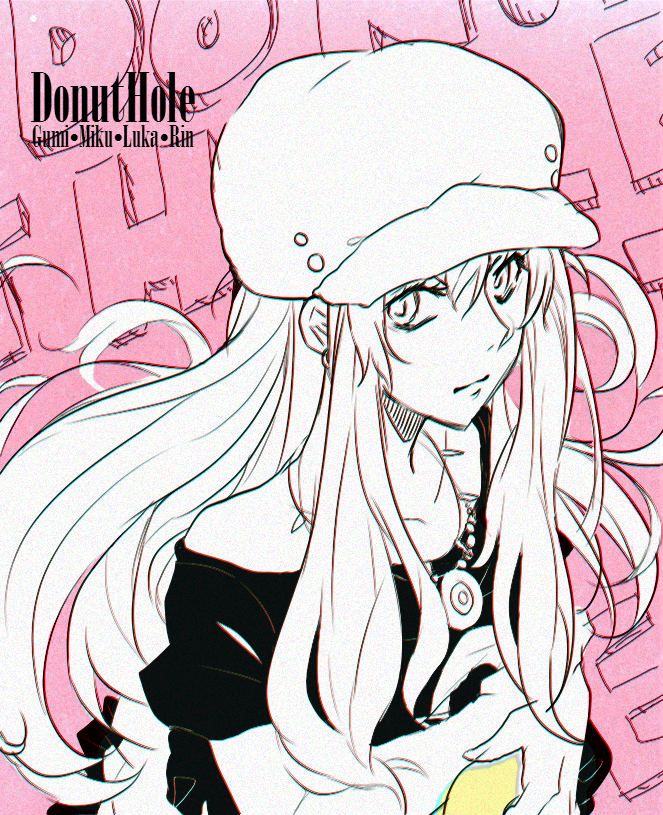 1girl alternate_costume bad_id bad_tumblr_id bonyonyo cabbie_hat commentary donut_hole_(vocaloid) doodles doughnut english_commentary food hair_between_eyes hat jewelry long_hair looking_at_viewer megurine_luka necklace tagme vocaloid