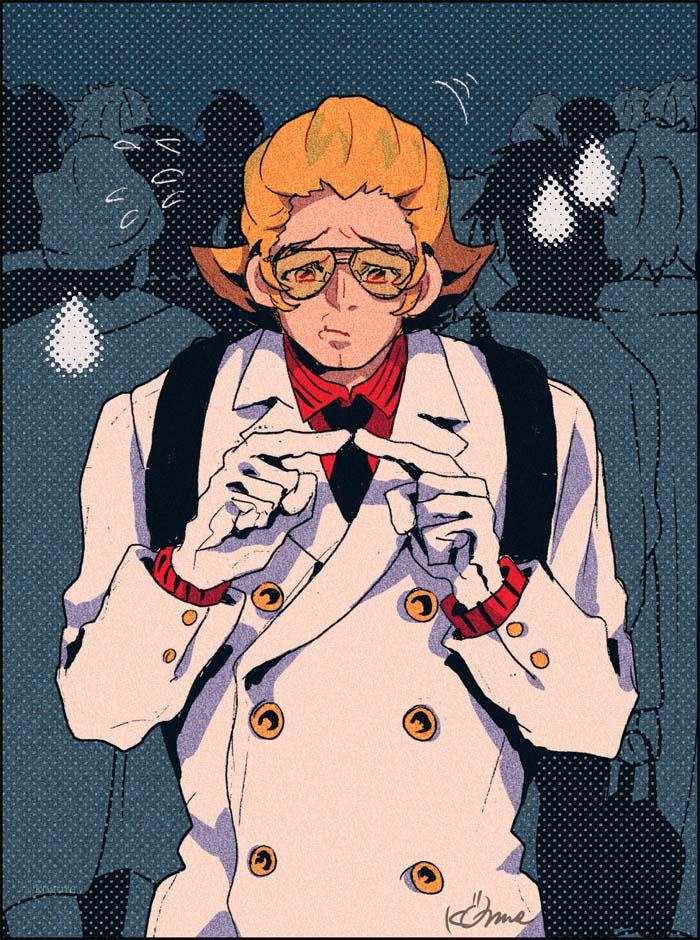 1boy 1nwe9 ace_attorney aviator_eyewear black-framed_eyewear black_necktie blonde_hair bobby_fulbright buttoned_cuffs buttons coat collared_shirt commentary_request crowd double-breasted dress_shirt glasses gloves index_fingers_together lapels long_sleeves looking_at_viewer male_focus necktie orange_eyes phoenix_wright:_ace_attorney_-_dual_destinies red_shirt shirt solo_focus tinted_eyewear upper_body white_coat white_gloves yellow-tinted_eyewear