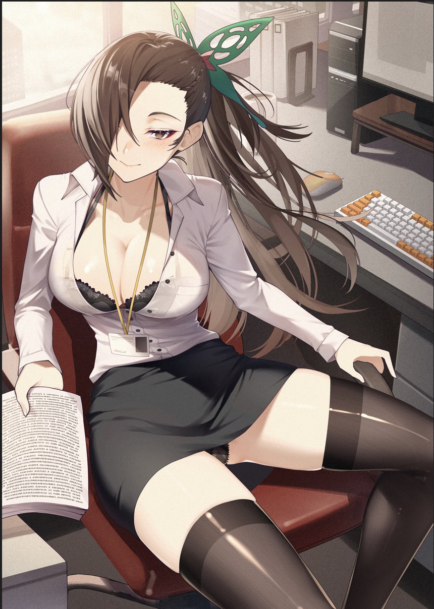 1girl black_skirt black_thighhighs book breasts brown_eyes brown_hair buttons cleavage cluseller collarbone commentary_request commission contemporary fire_emblem fire_emblem_fates hair_over_one_eye highres holding holding_book indoors kagero_(fire_emblem) keyboard_(computer) lanyard large_breasts lingerie long_hair looking_at_viewer monitor mouse_(computer) office_lady on_chair pencil_skirt shirt sitting skeb_commission skindentation skirt sleeves_past_wrists solo thighhighs underwear white_shirt