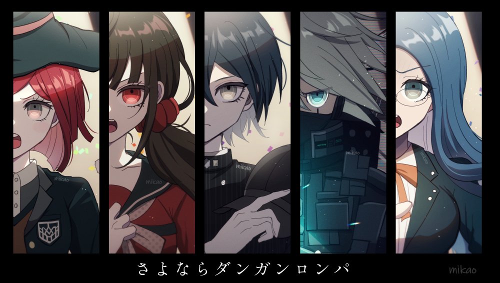 2boys 3girls android baseball_cap black_border black_hat black_jacket black_mask black_sailor_collar black_sleeves blazer blue_eyes blue_hair blunt_bangs blunt_ends border bow bowtie breasts brown_eyes brown_hair brown_vest buttons closed_mouth collar collared_jacket collared_shirt colored_inner_hair commentary covered_mouth crest danganronpa_(series) danganronpa_v3:_killing_harmony debris eyelashes fingernails frown glasses grey_collar grey_shirt hair_between_eyes hair_ornament hair_scrunchie hand_on_own_chest harukawa_maki hat holding holding_clothes holding_hat jacket k1-b0 large_breasts light_particles long_hair long_sleeves low_ponytail mask mikao_(eanv5385) mouth_mask multicolored_hair multiple_boys multiple_girls open_mouth orange_bow orange_bowtie pinstripe_jacket pinstripe_pattern polka_dot_bowtie red_hair red_scrunchie red_shirt red_sleeves round_eyewear saihara_shuichi sailor_collar sailor_shirt scrunchie shirogane_tsumugi shirt short_hair signature spoilers teeth translated upper_body upper_teeth_only v-shaped_eyebrows v-shaped_eyes vest white_background white_bow white_bowtie white_collar white_hair witch_hat yellow_eyes yumeno_himiko