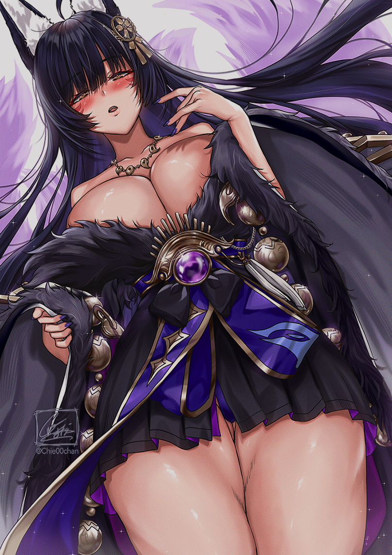 1girl animal_ear_fluff animal_ears azur_lane black_hair blush breasts chie00chan cleavage fox_ears fox_girl fox_tail hair_ornament japanese_clothes jewelry large_breasts long_hair looking_at_viewer looking_down magatama magatama_necklace miniskirt multiple_tails musashi_(azur_lane) necklace open_mouth skirt solo tail thighs very_long_hair white_background yellow_eyes