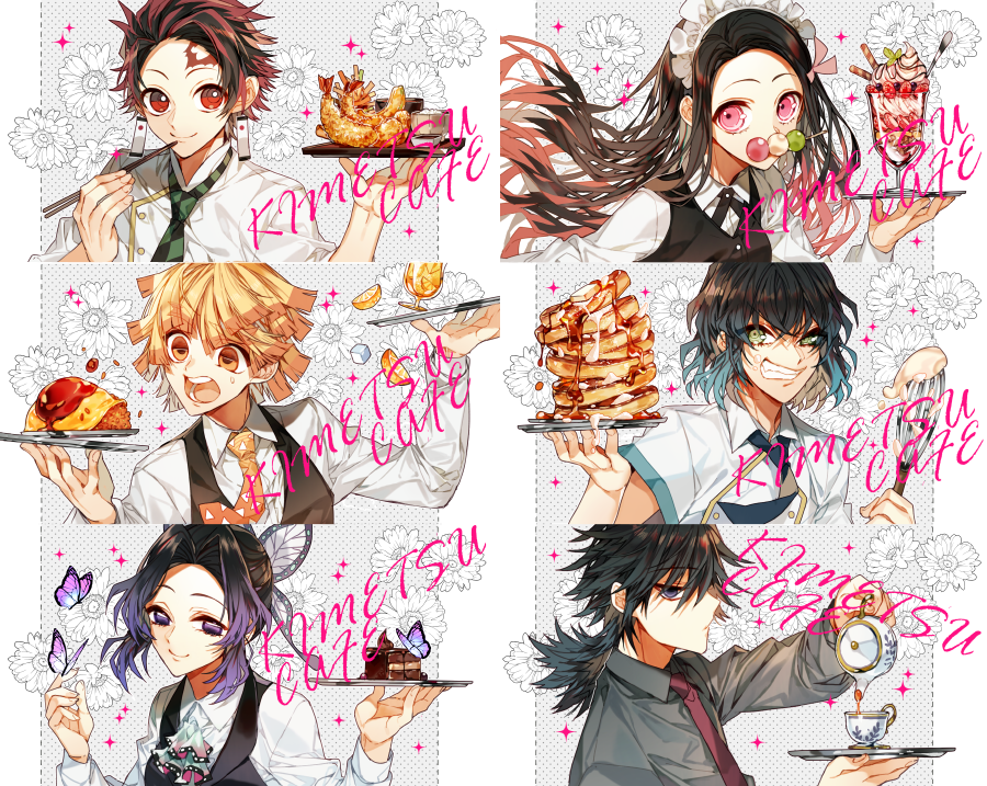 2girls 4boys agatsuma_zenitsu ascot black_hair black_vest blonde_hair blue_eyes blue_hair butterfly_hair_ornament cake checkered_necktie cross_tie cup food fruit hair_ornament hand_up hashibira_inosuke holding holding_tray ice_cream kamado_nezuko kamado_tanjirou ketchup kimetsu_no_yaiba kochou_shinobu medium_hair multicolored_hair multiple_boys multiple_girls necktie omelet omurice open_mouth orange_eyes orange_hair orange_necktie pancake pancake_stack parfait pink_eyes pink_hair pink_necktie pouring sapphire_(nine) strawberry streaked_hair sweat sweets_paradise teacup teapot tomioka_giyuu tray vest whisk