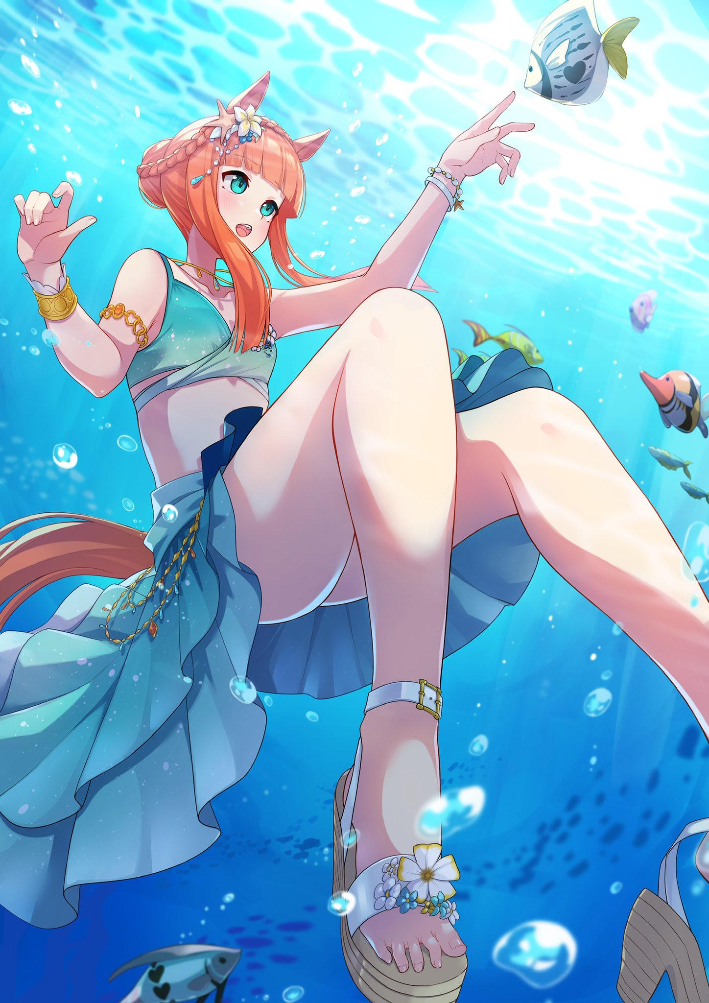 1girl :d animal_ears aqua_bikini aqua_sarong bare_shoulders bikini blunt_bangs braid crown_braid fish fish_request from_below gradient_bikini gradient_sarong highres horse_ears horse_girl horse_tail iam_(tetsu0ekaki) long_hair official_alternate_costume official_alternate_hairstyle orange_hair sandals sarong silence_suzuka_(emerald_on_the_waves)_(umamusume) silence_suzuka_(umamusume) smile solo swimsuit tail umamusume underwater