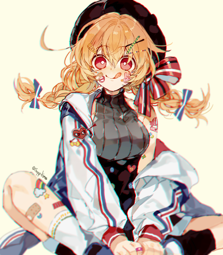 1girl :q ahoge bandaid bandaid_on_leg black_hat black_socks blonde_hair braid breasts closed_mouth forever_7th_capital grey_sweater jacket jacket_partially_removed long_hair looking_at_viewer medium_breasts ribbed_sweater sapphire_(nine) sleeveless sleeveless_sweater smile socks solo sticker_on_leg sweater tesla_(forever_7th_capital) tongue tongue_out twin_braids white_jacket white_socks