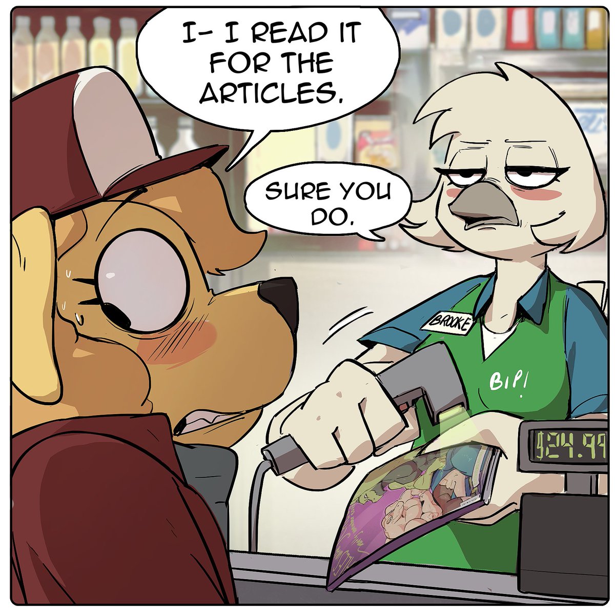 anthro avian bird blush blush_lines bulge canid canine canis cashier clothed clothing dialogue domestic_dog duo english_text eyebrows female floppy_ears hair hat headgear headwear holding_object magazine mammal speech_bubble text yoelrabbit