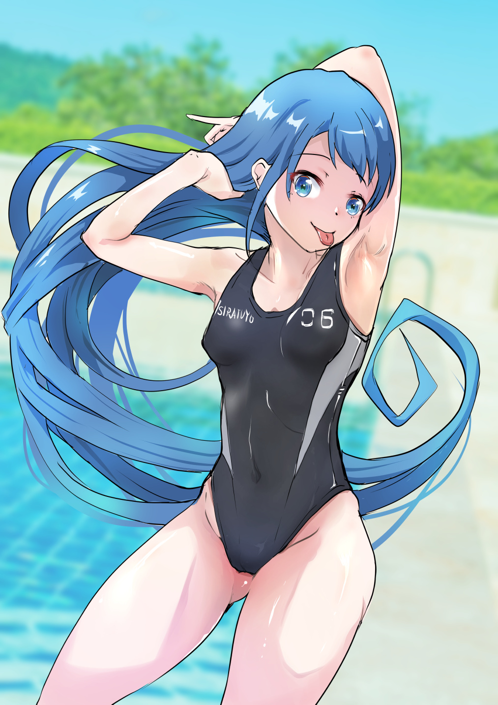 1girl arm_behind_head axley black_one-piece_swimsuit blue_eyes blue_hair blue_sky breasts cloud commentary_request competition_swimsuit covered_navel cowboy_shot day groin highleg highleg_swimsuit highres kantai_collection long_hair one-piece_swimsuit outdoors pool samidare_(kancolle) sky small_breasts solo swimsuit tongue tongue_out two-tone_swimsuit very_long_hair