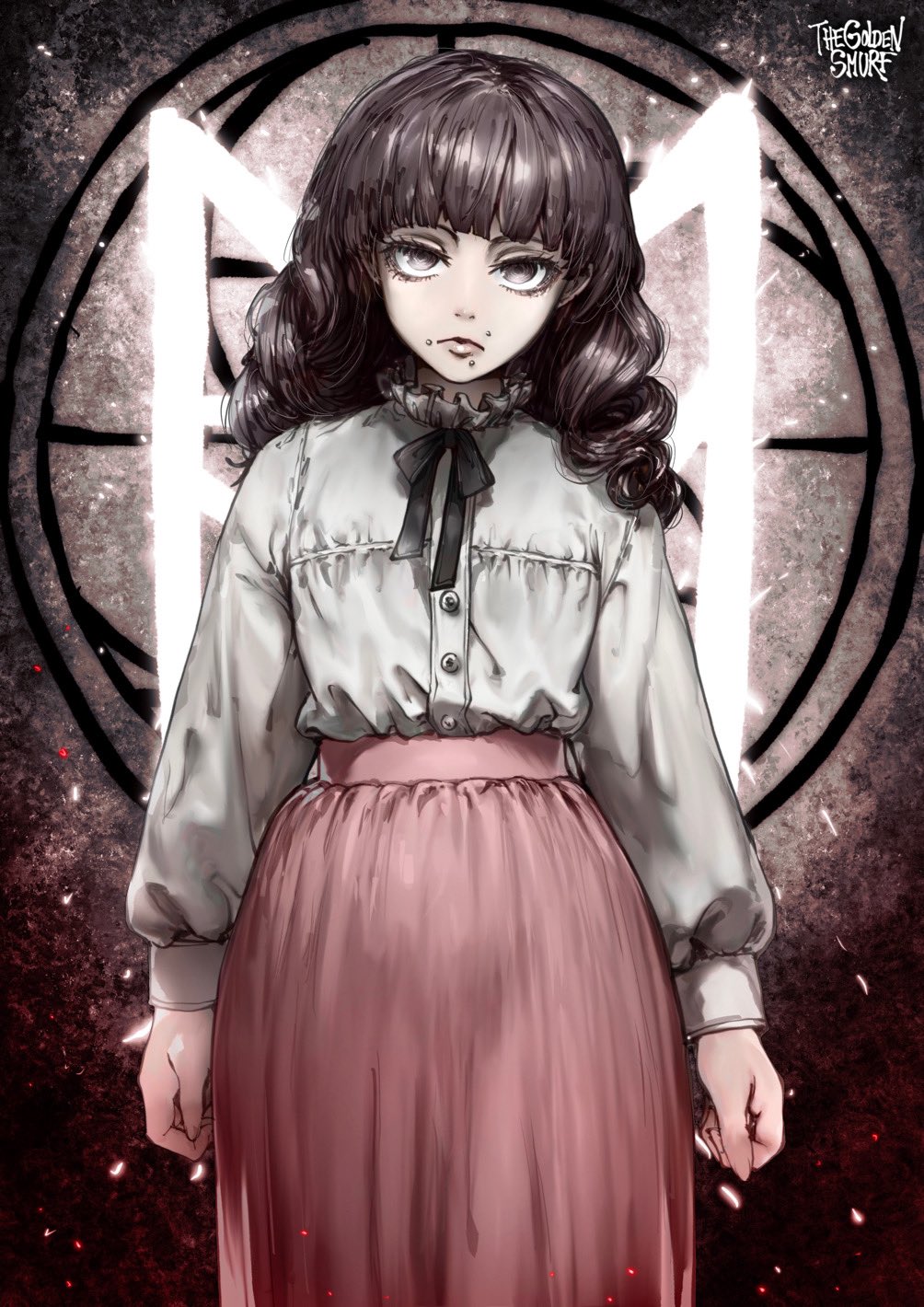 1girl arms_at_sides artist_name black_ribbon brown_background brown_eyes brown_hair buttons closed_mouth cowboy_shot drill_hair english_commentary fear_&amp;_hunger fear_&amp;_hunger_2:_termina frilled_shirt frills highres light_particles long_hair long_skirt long_sleeves looking_at_viewer marina_(fear_&amp;_hunger) mouth_piercing pink_skirt ribbon shirt shirt_tucked_in skirt solo standing the_golden_smurf twin_drills white_shirt